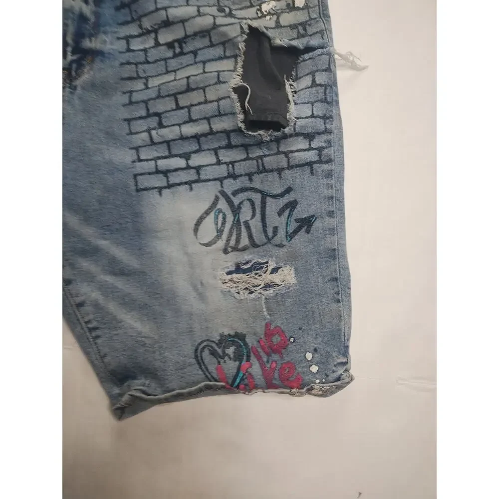 🔥 Rutherford • Distressed Graffiti Denim Slim Fit Blue Jeans Shorts • Men’s 38